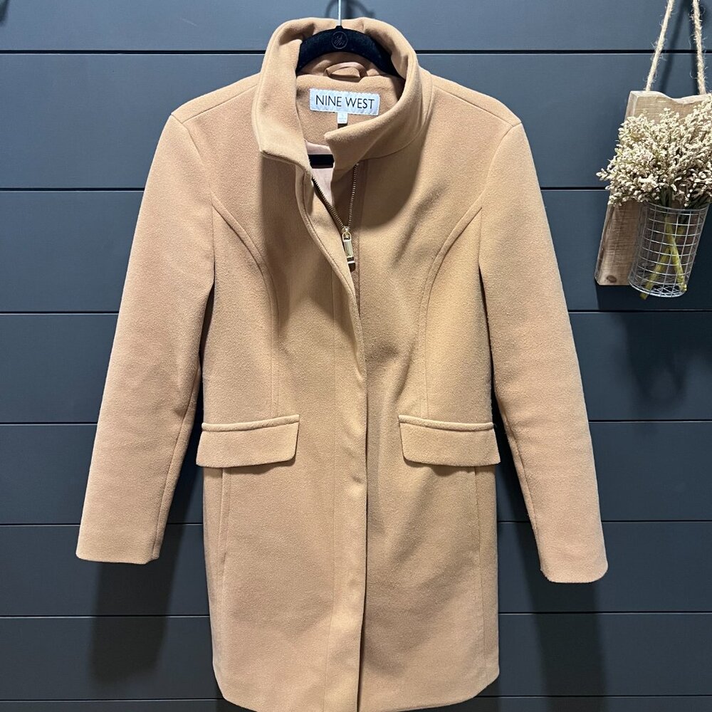 Nine West Women’s Faux-Wool Zip Front Coat – Camel, Size Small